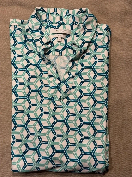 Foxcroft - Geometric V-Neck - Tunic Dress Cover Up - Teal, White, Navy - Large - Picture 15 of 15